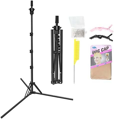 Mannequin Head Stand, Upgrade Foldable Wig Stand Tripod for Cosmetology Hairdressing Training, Metal Adjustable Wig Head Stand with Wig Caps, T-Pins, Comb, Hair Clips by LNASI