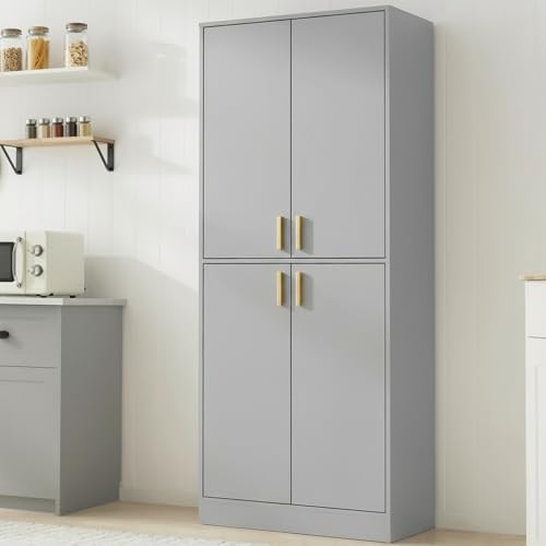 Cozy Castle Kitchen Pantry Cabinet, 71" Tall Wood Storage Cabinet with Doors and Shelves 4 Doors Freestanding Cupboard for Dining Room Living Room Furniture, Gray by CozyCastle