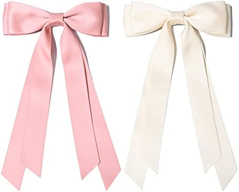 2PCS Silky Satin Hair Bows Hair Clip Beige Pink Hair Ribbon Ponytail Holder Accessories Slides Metal Clips Hair Bow for Women Girls Toddlers Teens Kids - Image 5