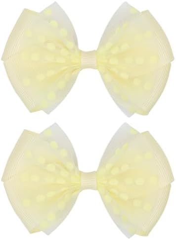 Tiny 3 Inch Dot Organza Double Hair Bow Clips - Cute Lined Boutique Alligator Hairpin for Girls, Toddlers, and Little Teens - Kids Barrettes Set of 2 Small Stylish (Yellow) by Zolyco