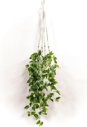 Comtelek 2 Packs Fake Hanging Plant with Pots for Home Decor Artificial Hanging Basket Plants Macrame Plant Hanger with Faux Vines Greenery for Bedroom Bathroom Room Wall Boho Decor Indoor Outdoor by Comtelek