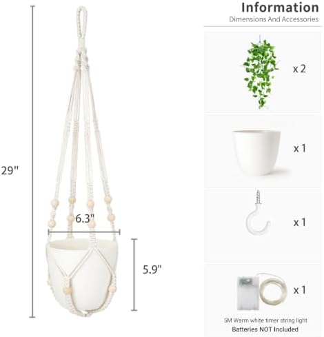 Mkono Fake Hanging Plant with Lights, Artificial Plants for Home Decor Indoor Macrame Plant Hanger with Fake Vines, Batteries NOT Included - Image 6