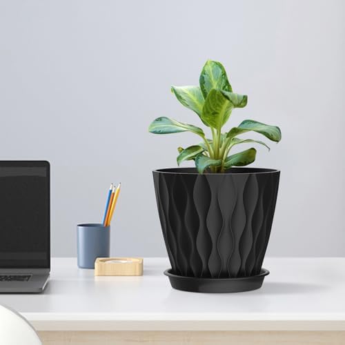 Meowell 6 inch Plant Pots, 5 Pack Flower Pots for Indoor Outdoor Plants, Water Ripples Plastic Planters with Drainage Holes and Saucers, Nursery Pots for Small Succulent Garden House Plants, Black - Image 5