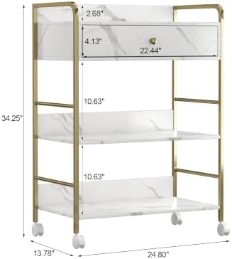 Salon Rolling Trolley with Lockable Wheels Barber Cart with Storage Drawer Mobile Hair Station Cabinet for Beauty Makeup Esthetician Spa Massage (White Marble+one Drawer+Two Shelves) - Image 3