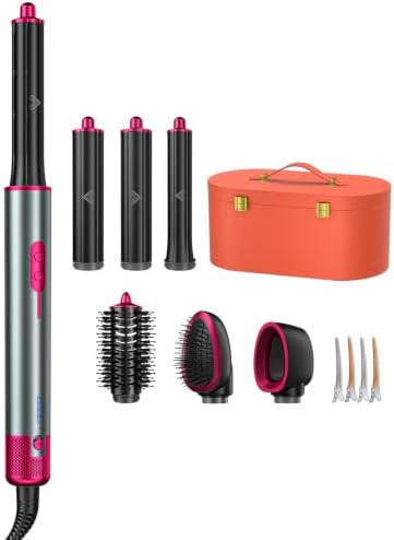 7-in-1 Negative Ion Hair Dryer Brush Set,Cweixi Hot Air Styler with Coanda Auto Curling, Straightening Smoothing Brush, High-Speed Blow Dryer No Heat Damage,Comes with Leather Storage Box (Magenta) by HairDryerBrushProfessional