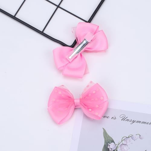 Tiny 3 Inch Dot Organza Double Hair Bow Clips - Cute Lined Boutique Alligator Hairpin for Girls, Toddlers, and Little Teens - Kids Barrettes Set of 2 Small Stylish (Hot Pink) - Image 6