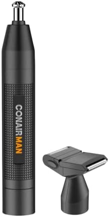 ConairMan Nose Hair Trimmer for Men, For Nose, Ear, and Eyebrows, Patent 360 Bevel Blade for No Pull, No Snag Trimming Experience, Cordless Trimmer 2 piece Set with Detail and Shaver Attachments by conair