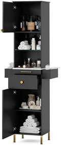 Beauty Salon Station, Hair Salon Station w/Glass Shelf & Golden Handles, Stylist Station for Salon w/6 Hair Dryer Holders, 2 Storage Cabinet & Drawers(Black) by TTGIEET