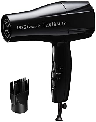 Hot Beauty 1875 Ceramic Hair Dryer, Powerful Fast Drying, Multi-Setting with Comb Attachment, Additional Detangler Included, Slide Bar Switch, Compact for Home & Travel (Black) by HotBeauty