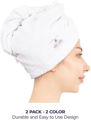 American Soft Linen 100% Cotton Hair Towels for Women, Head Towel Cap, Cotton Hair Turban Towel Wrap for Hair, Soft and Absorbent Cotton Hair Towels 2 Pack, White-Light Gray - Image 4