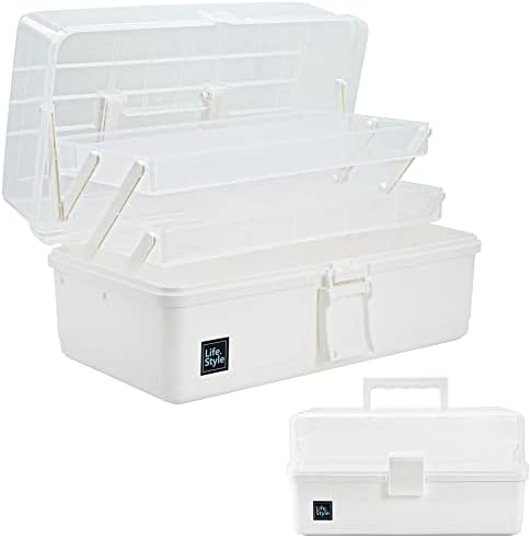 Creahaus 13 inch Art Craft Organizer Storage Box with 3 Layer, Multipurpose Plastic Tool Box with Handle for Sewing, Art Supply, Medicine, Nail, Hair Accessories (White) by Creahaus