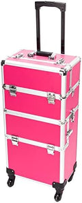 mefeir 3 in 1 Rolling Makeup Train Case, Aluminum Makeup Travel Organizer Cosmetic Case, Cosmetology Display Suitcase on Wheels, Beauty Storage Luggage Lockable w/4 Removable Wheels (Rose-Pink) by OmySalon