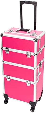 mefeir 3 in 1 Rolling Makeup Train Case, Aluminum Makeup Travel Organizer Cosmetic Case, Cosmetology Display Suitcase on Wheels, Beauty Storage Luggage Lockable w/4 Removable Wheels (Rose-Pink) by OmySalon
