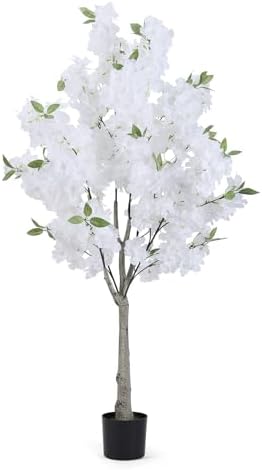 Artificial Cherry Blossom Tree Fake Plants Faux White Sakura Flowers, 4FT by OUSHENG