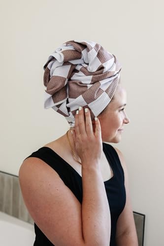 New Microfiber Hair Towel Collection – Mocha Check Quick Dry Hair Towel Wrap for Women – Anti-Frizz Microfiber Hair Turban for Long, Curly & Thick Hair with Large Loop Closure - Image 3