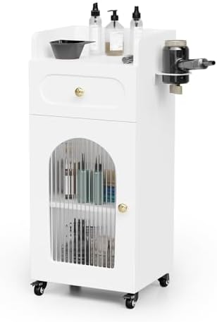 Salon Cart with Wheels, 3 Tier Rolling Beauty Trolley for Hair Stylist, Barber, Esthetician, Storage Cabinet w/Glass Door & Dryer Holder & Adjustable Shelf, Mobile Station for Spa,Tattoo (White) - Image 6