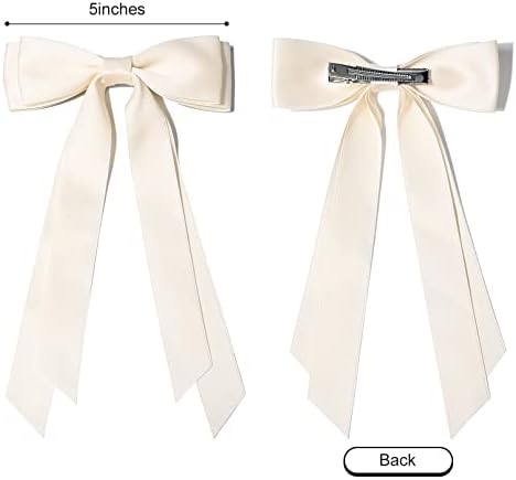 2PCS Silky Satin Hair Bows Hair Clip Beige Pink Hair Ribbon Ponytail Holder Accessories Slides Metal Clips Hair Bow for Women Girls Toddlers Teens Kids - Image 3