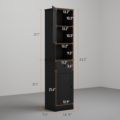 Viaozutis Tall Bathroom Cabinet, Storage Cabinet with 2 Doors & 2Drawer, with Ajustable Shelve, for Bathrooms, Kitchens,Entrances（Black） - Image 3