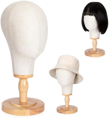 White Wooden Mannequin Head Stand Canvas Wig Head Stand with Detachable Wood Stand Linen Hat Dispaly Model Head for Caps Mannequin Head with Detachable Wood Base - Image 2