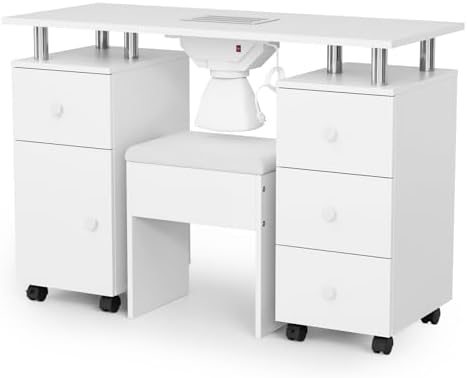 OmySalon Nail Desk and Chair Set, with Stool, Dust Collector, Arm Rest & Wheels, Acetone Resistant Desktop, Manicure Table Nail Table Station for Nail Tech w/Drawers Storage (White) by OmySalon