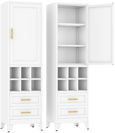 Ckzbx Tall Narrow Storage Cabinet, 66.93" H Tall Bathroom Cabinet Metal Pantry Cabinets with Hollowed-Out, 3 Adjustable Shelves, for Kitchen, Bathroom, Home Office, Living Room (White) by Ckzbx