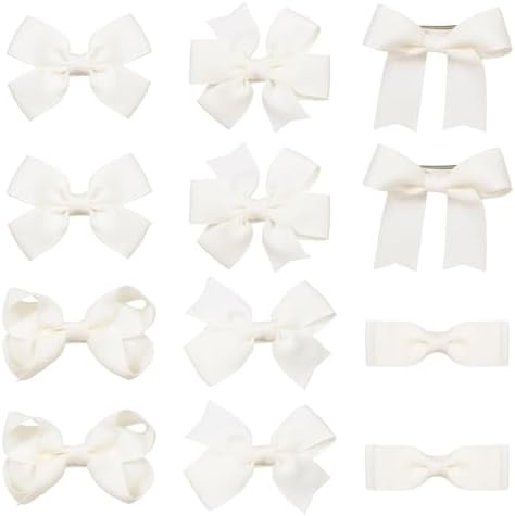 12-Pack 3" Off White Grosgrain Hair Bows for Girls, Handmade Alligator Clip Barrettes, Everyday Hair Accessories for Toddlers, Kids, Teens, Secure Non-Slip Styling in Pairs by KCHIES-AccessoryCollection