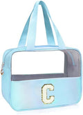 Personalized Initial Clear Makeup Bag Blue Cosmetic Bag Set Large Travel Toiletry Bag, Cute Clear Make Up Bags Organizer Bag for Girlfriend Teacher Gifts Teen Girl Gifts Trendy Stuff C (Blue) by junesters