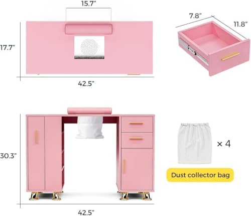 Manicure Table with Dust Collector, Large Storage Nail Desk (Pink) - Image 2