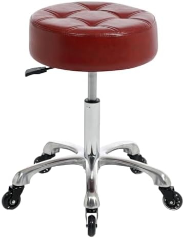 Rolling Salon Stool with Wider Round Seat- Height Adjustable Heavy-Duty Chair with Wheels for Salon Esthetician and Home Office Use, Cinnamon Red, Ivory by FRNIAMC
