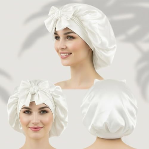 White Satin Bonnet for Sleeping Women Curly Hair Large Silk Bonnet with Tie - Image 2