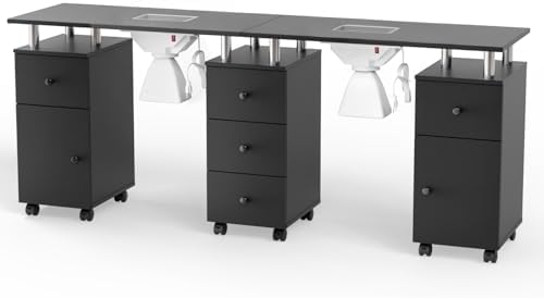 OmySalon Double Manicure Table w/Dust Collector, Nail Table Station for Nail Tech, Makeup Desk w/Wheels Arm Rest Drawers Cabinet Storage, for Beauty Spa Salon, Acetone Resistant (Black) by OmySalon