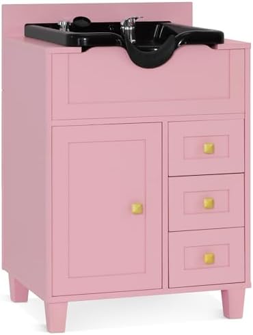 BarberPub Barber Storage Shampoo Station with Bowl & Cabinet 7131 (Pink) by BarberPub