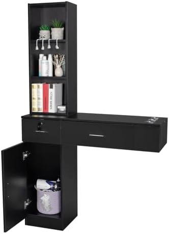 mefeir Wall Mount Hair Styling Barber Station Beauty Hair Salon Spa Equipment Set with 3 Tier Shelf, Lockable Drawer & Cabinet, Easy Assembled (Black) - Image 2
