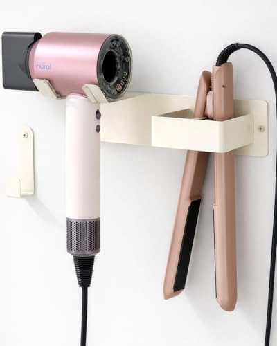 Hair Dryer and Straightener Holder, Stainless Steel Hair Dryer Stand for Bathroom, Hair Dryer Holder Wall Mounted Adhesive or Drilling, Hair Tool Organizer for Salon Barber Shops White by BANJEKT
