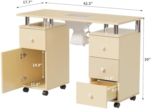 OmySalon Manicure Table Nail Desk for Nail Tech, Nail Table Station w/Electric Dust Collector, Makeup Beauty Salon Storage Acetone Resistant w/Wheels,Wrist Cushion (Almond Cream, Single 42.5''L) - Image 7