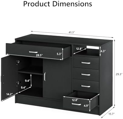 5-Drawers Salon Furniture Salon Storage Station, Free Standing Cabinet for Hair Stylist, Beauty Spa Furniture w/1 Large Capacity Cabinet & 1 Open Shelf, Spa Bathroom Equipment, Black - Image 2