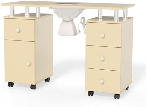OmySalon Manicure Table Nail Desk for Nail Tech, Nail Table Station w/Electric Dust Collector, Makeup Beauty Salon Storage Acetone Resistant w/Wheels,Wrist Cushion (Almond Cream, Single 42.5''L) by OmySalon