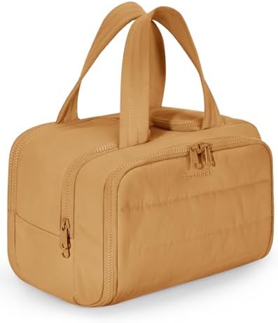 BAGSMART Travel Toiletry Bag, Crush Toiletry Bag for Women, Wide-open Puffy Toiletry Bags for Traveling, Large Travel Cosmetic Makeup Bag Organizer for Accessories,Toiletrie (Brownstone Yellow) by BAGSMART