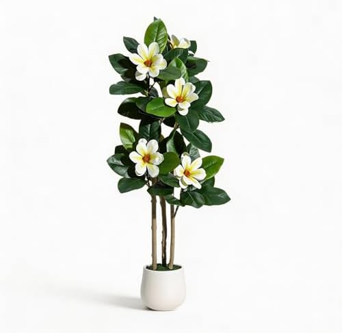 4 Inch Artificial Magnolia Tree with Pot, Faux Flower Tree with White Magnolia Blooms and Green Leaves, Potted Artificial Plant for Living Room, Bedroom, Office, Entryway, Store, Home Dector by GaoMon