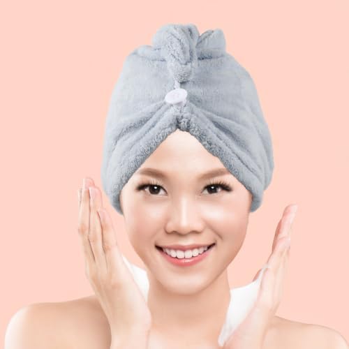 3pcs Coral Fleece Hair Drying Towel Wrap with Button Closure - Image 5