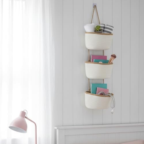 TeoKJ Over the Door Hanging Storage Basket Wall Organizer White&Dark Brown - Image 5