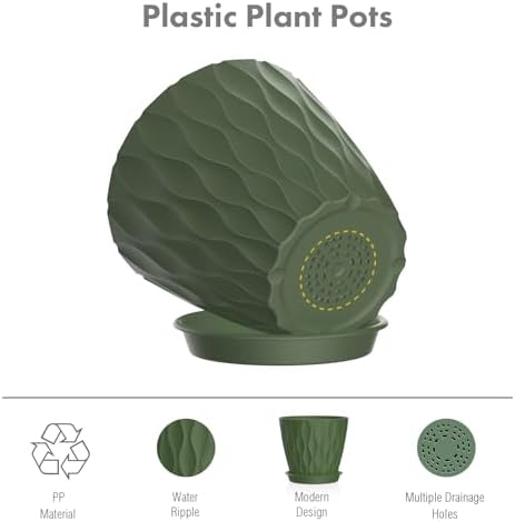 Meowell 6 inch Plant Pots, 5Pack Water Ripple Flower Pots for Indoor Outdoor Plants, Plastic Planters with Drainage Holes and Saucers, Nursery Pots for Small Succulent Garden House Plants, Multicolor - Image 4