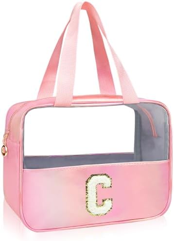 Initial Clear Makeup Bag Personalized Pink Clear Cosmetic Bag, Cute Large Make Up Bags Organizer Bag, Travel Toiletry Bag for Women Girl Gifts C (Pink) by junesters