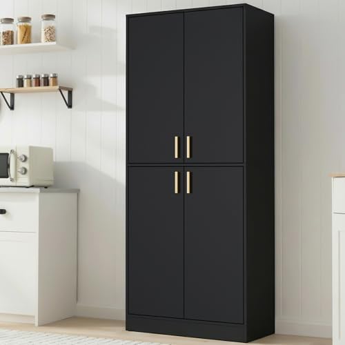 Cozy Castle Kitchen Pantry Cabinet, 71" Tall Wood Storage Cabinet with Doors and Shelves 4 Doors Freestanding Cupboard for Dining Room Living Room Furniture, Black by CozyCastle