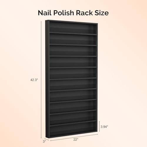 OmySalon Nail Polish Organizer Wall Mount - Holds 200 Bottles with Acrylic Barrier, Salon Display Rack for Home Spa & Nail Studio - Assembly Required, Wooden Polish Storage (Black, 10-Tier) - Image 2