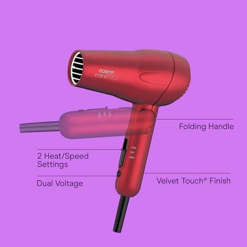 Conair Hair Dryer, Mini Pro, Travel, Folding Handle, Red - Image 2