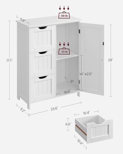 VASAGLE Bathroom Floor Storage Cabinet, 3 Drawers, Cloud White - Image 3