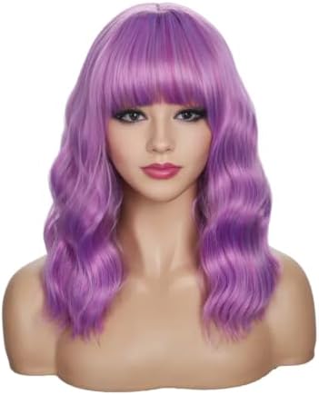 Sebast Pastel Bob Wigs with Bangs for Women Loose Wavy Wig Pastel Wavy Shoulder Length Bob Synthetic Cosplay Wig for Girl Colorful Costume Wigs (Lavender Purple) by Sebast