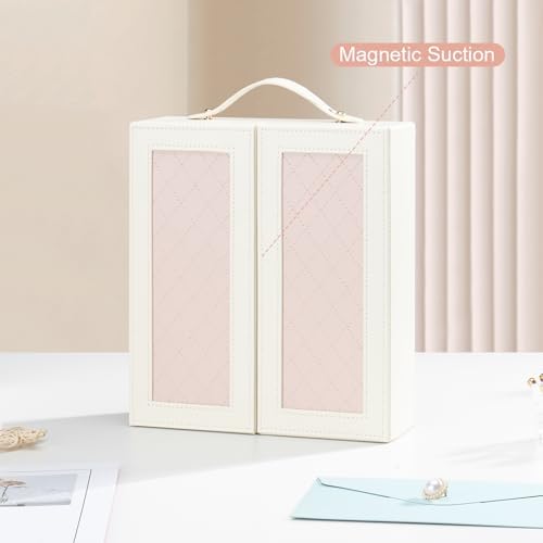 DesignSter Jewelry Box for Women, Jewelry Storage with Mirror, Travel Jewelry Organizer with Handle for Stud Earrings, Rings, Necklaces, Bracelets(Beige & Pink) - Image 5