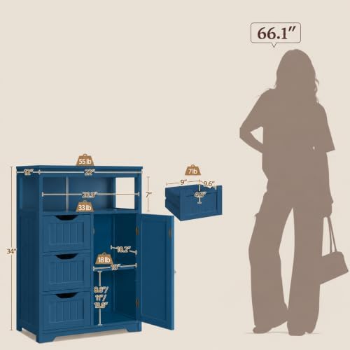 Yaheetech Small Bathroom Storage Cabinet with 3 Drawers, Navy Blue - Image 3